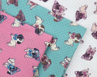 Cute Pug Wearing Glasses Cotton Fabric - Pug Dog Printed on White, Green, Pink Background Fabric, Dog Fabric, Pug Fabric, Fabric by the yard