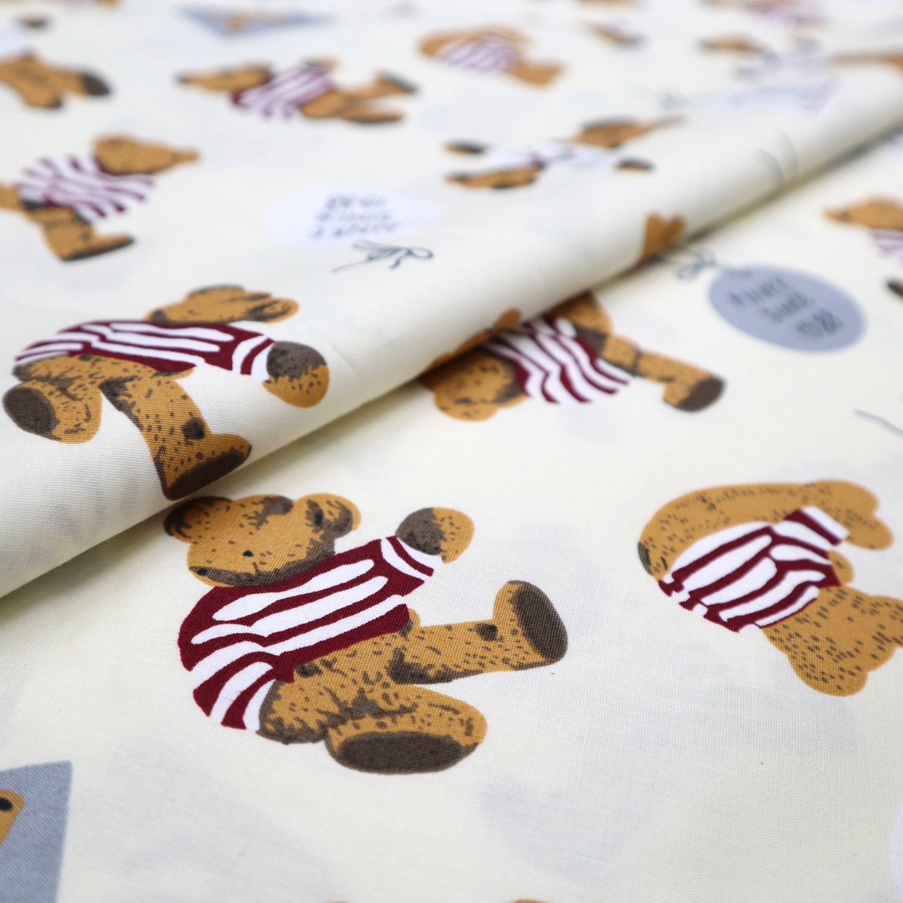 Teddy Bear Cotton Fabric Cute Teddy Bear Printed on White Etsy