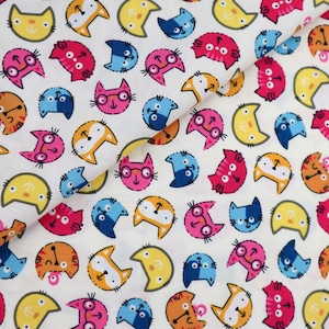 Cute Colorful Cat Face Printed Fabric - Lovely Cat Printed on White Cotton Fabric, Colorful Cat Fabric, Quilting Cotton Fabric by the Yard