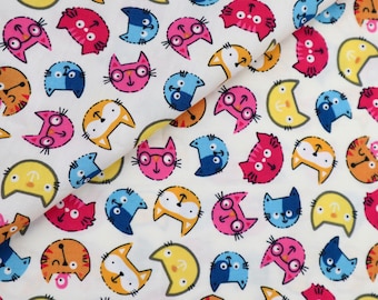 Tela de algodón con estampado de caras de gato de colores - Tela para acolchado cortada a medida