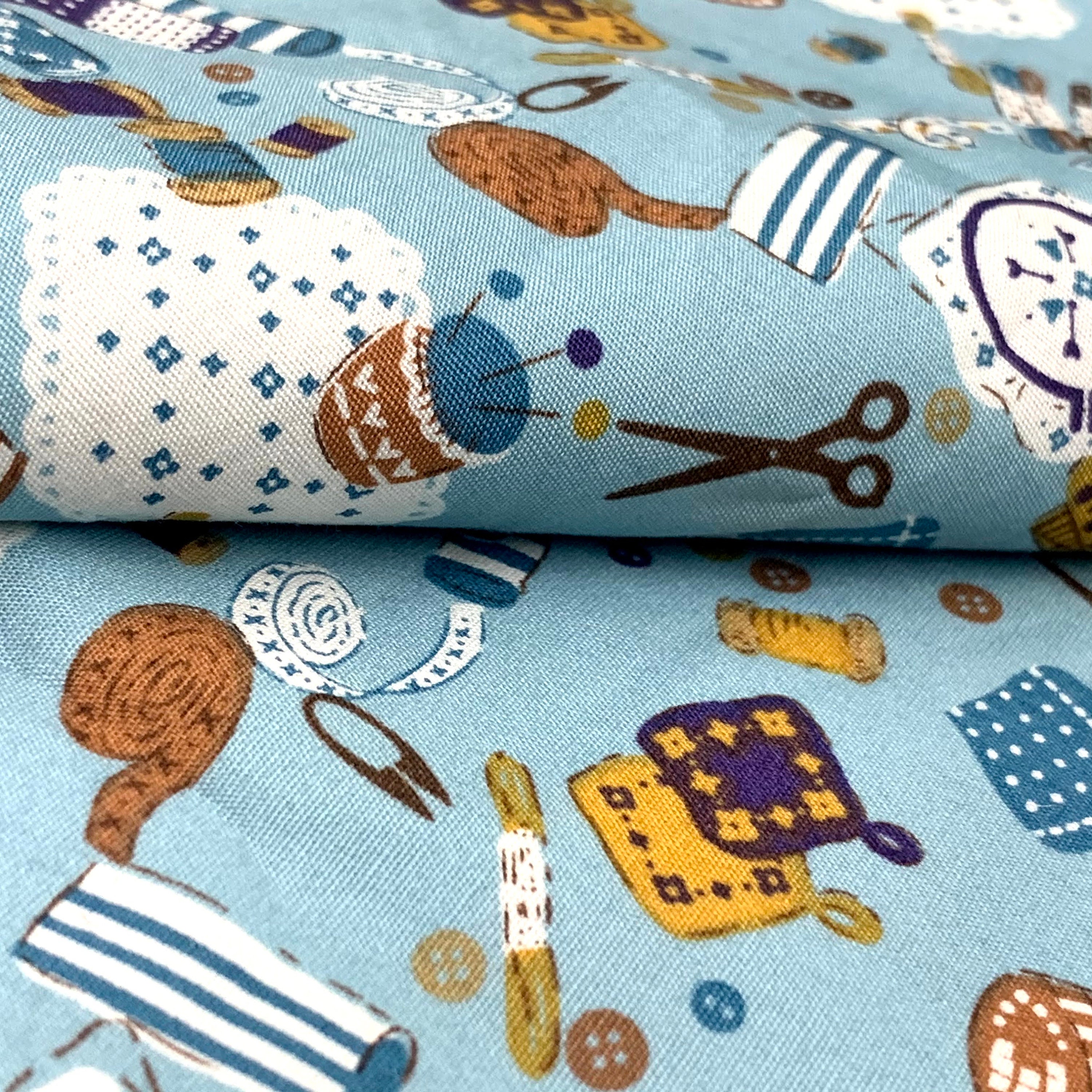 Sewing Notions Cotton Fabric Sewing Tools Printed on Blue - Etsy