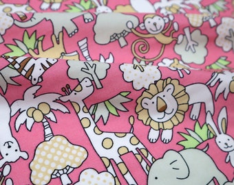 Pink Wild Animal Cotton Fabric - Lion, Giraffe, Elephant, Quilting Fabric