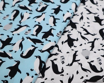 Tecido de algodão com estampa de pinguim em estilo cartoon – Material para patchwork azul e branco