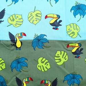 Tela estampada con pájaros silvestres: dibujo animado de pájaros impreso sobre tela de algodón con fondo azul y verde, tela con pájaros lindos, tela acolchada cortada a medida