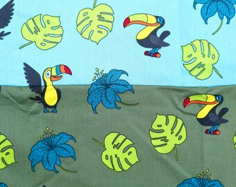 Cartoon Toucan Print Cotton Fabric – Blue & Green Quilting Material