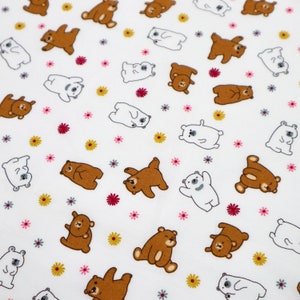 Cute Bear Fabric - Brown Bear and White Bear Printed on White Cotton Fabric, Bear Cotton Fabric, Quilting Cotton Fabric by the Yard