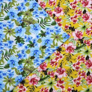 Hawaii Flower Printed Fabric - Yellow/Blue Hawaii Style Print Cotton Fabric, Hawaii Fabric, Tropical Fabric, quilting fabric by the yard