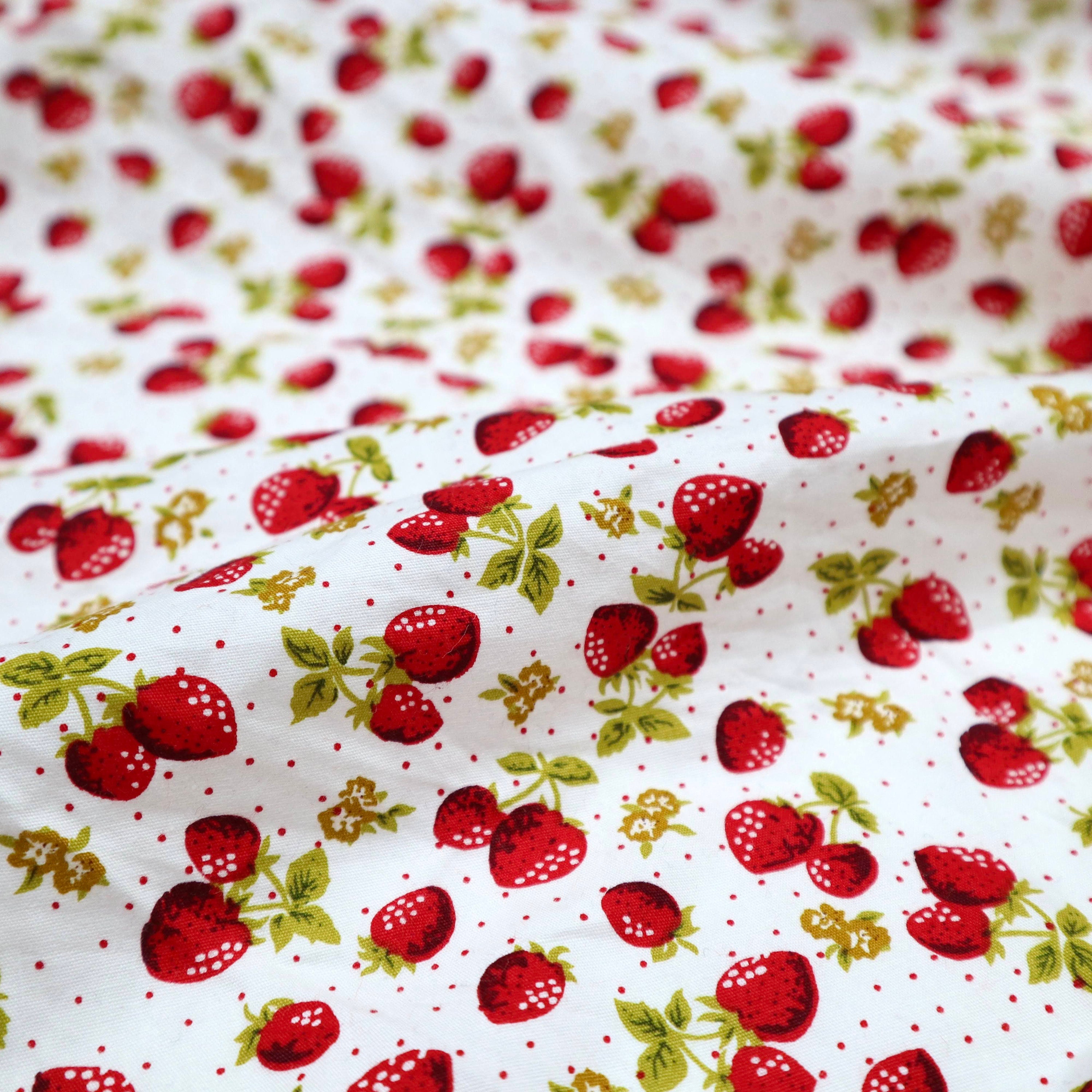Little Red Strawberry Fabric - Cute Strawberry Printed on White Background,  Strawberry on White Polka Dot Fabric, Quilting Cotton by Yard