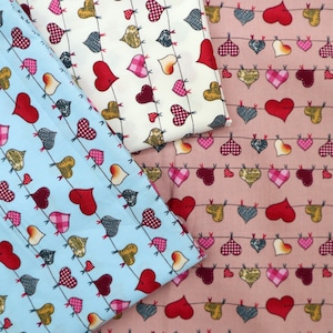 Sweet Hearts Cotton Fabric - Drying Heart Printed on White, Pink, Blue Fabric, Hearts Printed Cotton Fabric, Quilting Fabric by the Yard