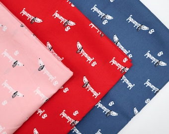 Dog Print Cotton Fabric - Red, Navy, Pink Puppy Fabric by the Yard