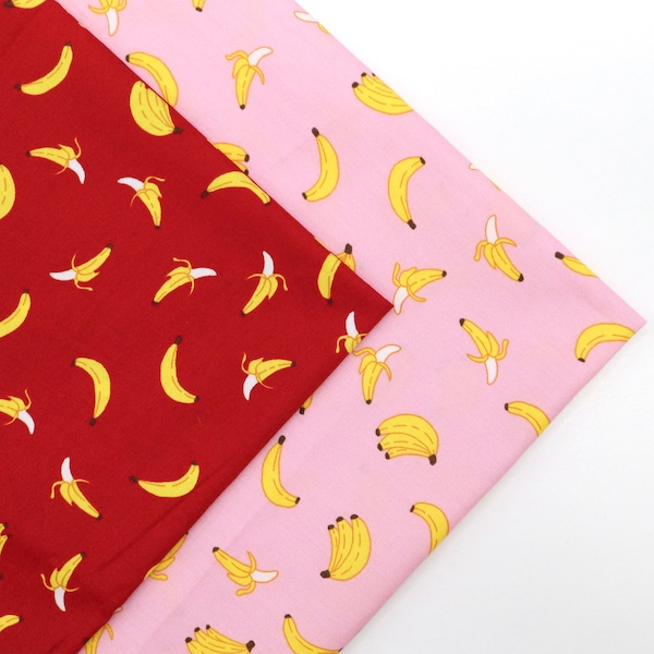 Yellow Banana Fabric - Cute Banana Printed on Red, Pink Background Cotton Fabric, Banana Fabric, Quilting Cotton Fabric by Yard