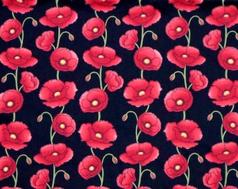 Red Poppy Flower Cotton Fabric - Cute Poppy Flowers Printed Black Cotton Fabric, Papaveraceae Fabric, Quilting Cotton Fabric by Yard