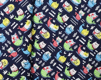 Cat Mermaid Cotton Fabric – Navy Blue Quilting Material