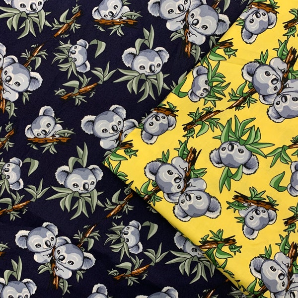 Koala Cotton Fabric - Cartoon Koala printed on Navy Blue, Yellow background cotton fabrics, Koala Fabric, Quilting Cotton Fabric by Yard