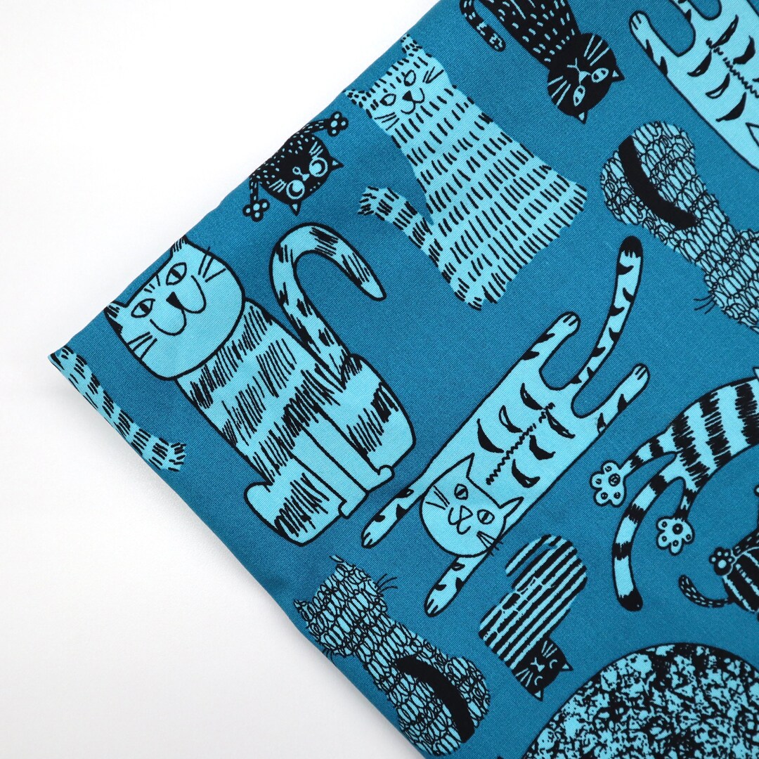 Big Cats Printed Cotton Fabric Cats Printed on Bluegreen Background
