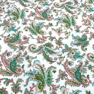 Sweet Paisley Printed Cotton Fabric - Green, Pink and White Cotton Fabric, Indian Paisley Fabric, Quilting Cotton Fabric by Yard