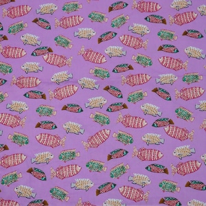 Colorful Fish Printed on Violet Background Cotton Fabric - Fish Fabric, Fish Printed Fabric, Quilting Fabric by the Yard