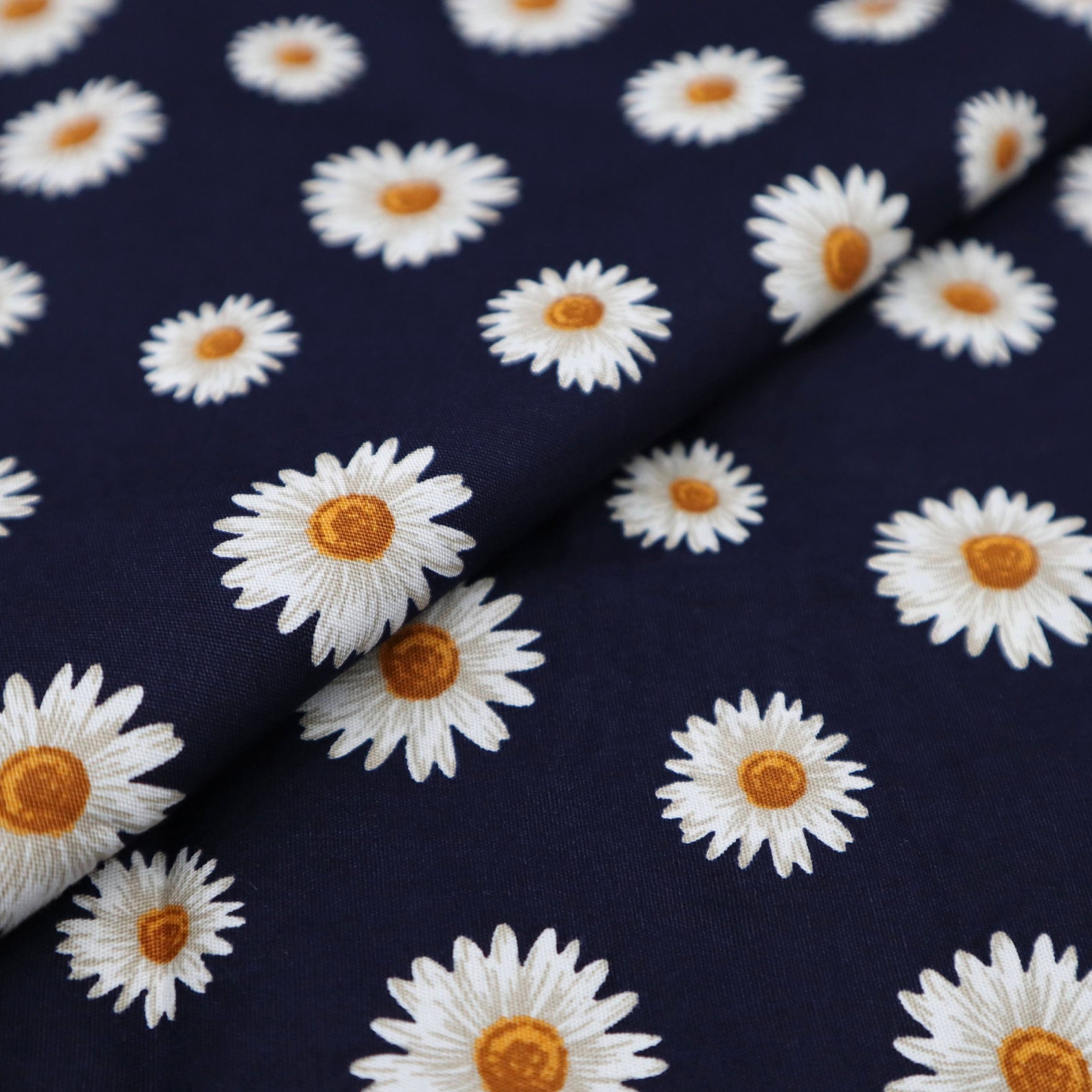 Classic White Daisy Fabric Daisy Flower Printed on Navy Blue Etsy