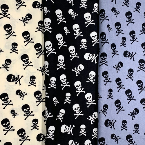 Crossbones Cotton Fabric Skulls Printed on Black White Etsy