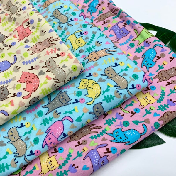 Lazy Cute Cat Cotton Fabric - Cats printed on pink, blue, white yellow background cotton fabrics, Quilting Cotton Fabric by Yard