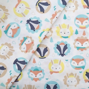 Cute Smiling Animal Fabric - Animal Printed Cotton Fabric, Rabbit Fabric, Fox Fabric, Wildlife Printed Fabric, Quilting Fabric by the Yard