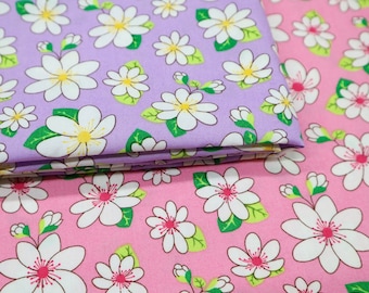 Floral Cotton Fabric White Flowers on Sweet Pink Background | Etsy