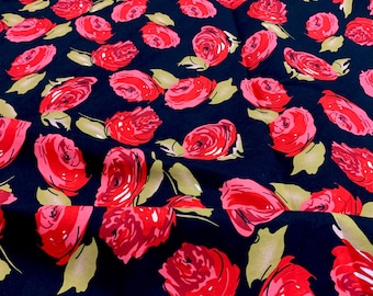 Tela de algodón con rosas rojas - Estampado floral vintage, tela para acolchado