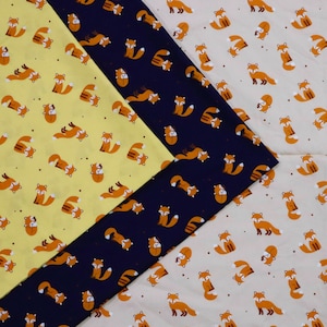 Tela de algodón con estampado de zorros: precioso zorro naranja estampado sobre fondo de tela amarillo, azul marino y naranja claro, tela de zorros, tela cortada a medida
