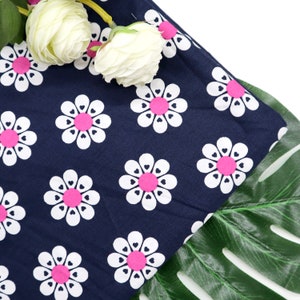 Cute Flowers Cotton Fabric - White Flower Printed on Navy Blue Fabric, Flower Cotton Fabric, Floral Fabric, Quilting Cotton Fabric by Yard