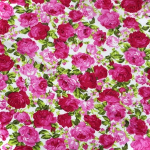 Vintage Pink Rose Cotton Fabric - Hot Pink Roses on White Background Fabric, Pink Rose Vintage Style Print Fabric, Quilting Fabric by Yard