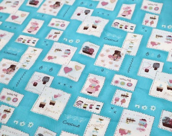 Girl Heart Flower Print Cotton Fabric, Blue Quilting Material