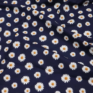 Classic White Daisy Fabric - Daisy Flower Printed on Navy Blue Cotton Fabric, Ditsy Floral Fabric, Quilting Cotton Fabric by Yard