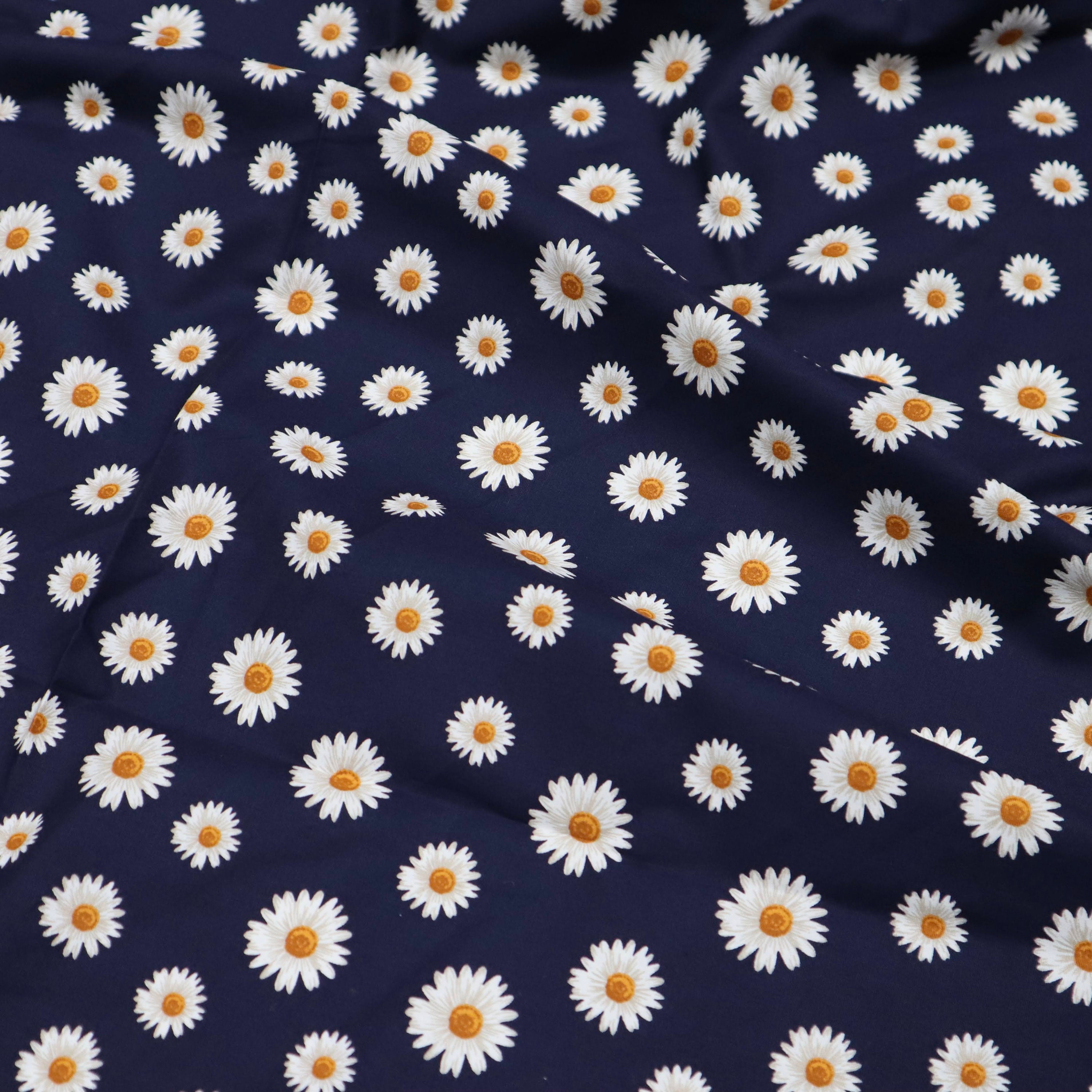 Classic White Daisy Fabric Daisy Flower Printed on Navy Blue Etsy UK