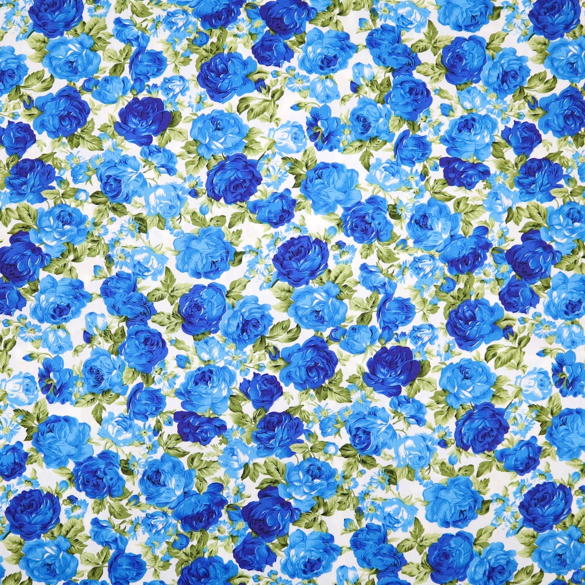 Vintage Blue Rose Cotton Fabric Blue Roses Printed on White Etsy