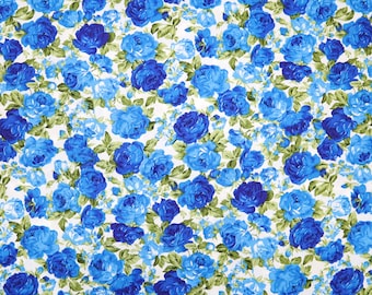 Vintage Blue Rose Cotton Fabric – Floral Quilting Material