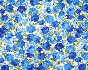 Vintage Blue Rose Cotton Fabric - Blue Roses Printed on White Background Fabric, Rose Printed Fabric, Quilting Cotton Fabric by Yard