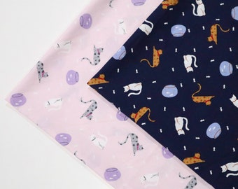 Cat and Fish Print Cotton Fabric - Pink and Navy Quilting Material