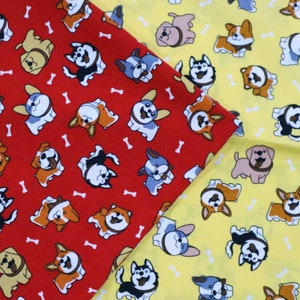 Cartoon Dogs Cotton Fabric - Cute Dogs Printed on Yellow, Red Background Fabric, Dog Fabric, Puppy Fabric, Fabric by the yard