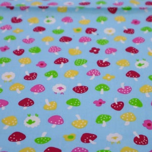 Colorful Mushroom Fabric - Cute Mushroom Printed on Light Blue Background Cotton Fabric, Mushroom Fabric, Quilting Cotton by Yard