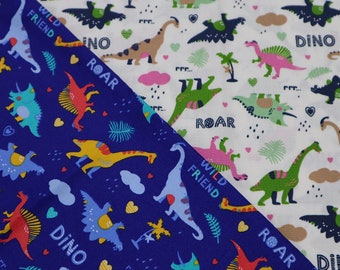 Cartoon Dinosaur Cotton Fabric - Blue & White Quilting Material
