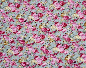 Pink Roses Cotton Fabric - Vintage Floral Print, Quilting Fabric