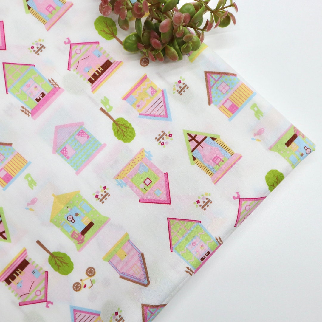 Home Sweet Home Fabric Little House Printed on White Background Cotton