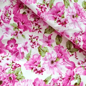 Sweet Flower Cotton Fabric - Beatiful Violet Pink Floral Print on White Background Fabric, Flowers Fabric, Quilting Cotton Fabric by Yard