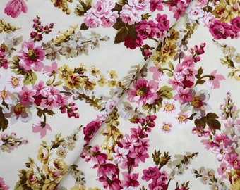 Katoenen stof bloemen - vintage paarse en roze bloemen, quiltstof op maat gesneden