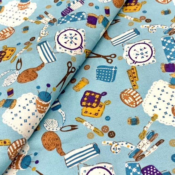 Sewing Notions Cotton Fabric Sewing Tools Printed on Blue Cotton Fabric,  Scissor Fabric, Buttons Fabric, Cute Quilting Fabric by the Yard 