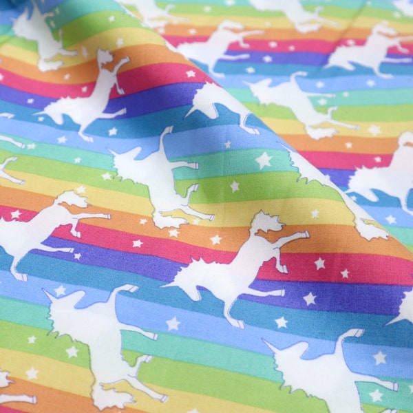 White Unicorn Printed on Rainbow Fabric - Unicorn Cotton Fabric, Rainbow Cotton Fabric, Unicorn Fabric, Quilting Fabric by the Yard