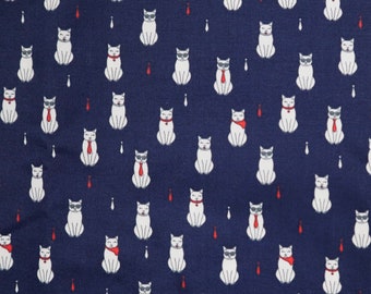 Tessuto di cotone smart Cat stampato - Smart Cat Cartoon Stampato su tessuti di sfondo blu navy, tessuto Cat carino, Tessuto Quilting tagliato a misura