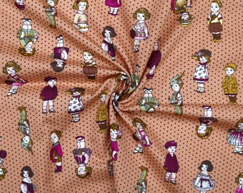 Tecido de algodão estilo vintage – estampa de menino e menina, bolinhas marrons, tecido para patchwork