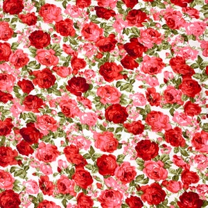 Vintage Red Rose Cotton Fabric - Sweet Red and Pink Roses on White Background Fabric, Rose Printed Fabric, Quilting Cotton Fabric by Yard