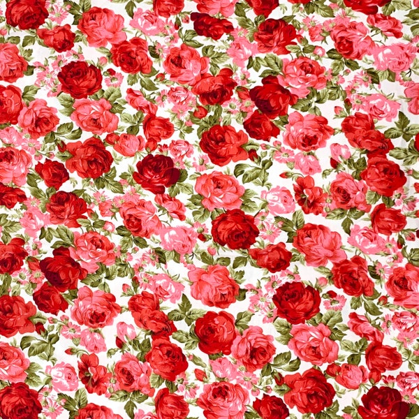 Vintage Red Rose Cotton Fabric - Sweet Red and Pink Roses on White Background Fabric, Rose Printed Fabric, Quilting Cotton Fabric by Yard